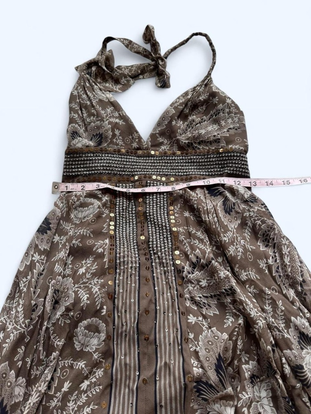 BCBGMaxAzria Brown Paisley Halter Asymmetrical Maxi Dress - Picture 7 of 9